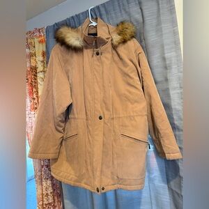 Pendleton Camel Tan Trench Coat with Fur Hood Trim Women’s Size Large
